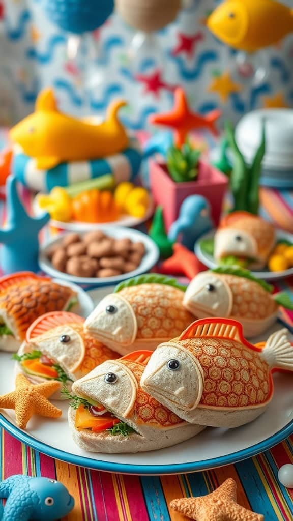 Whimsical fish-shaped sandwiches filled with fresh ingredients, perfect for a party.