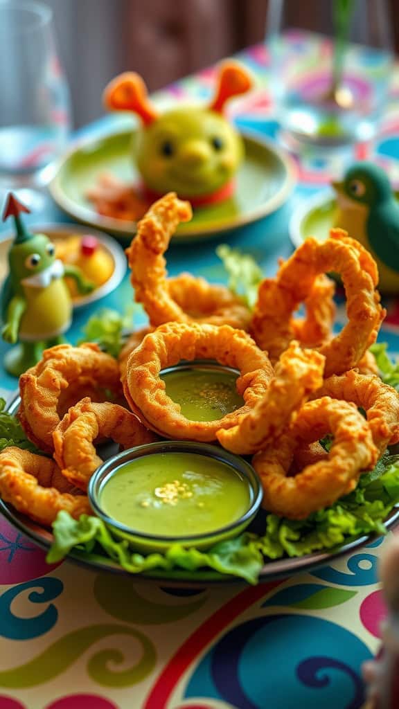 A plate of crispy onion rings with green dipping sauce, surrounded by colorful decorations.