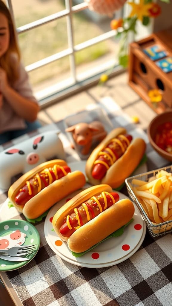 Delicious hot dogs styled with ketchup and mustard, served in buns with lettuce