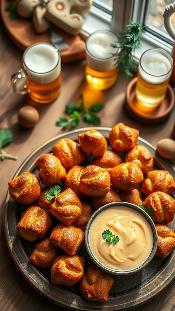 A plate of golden pretzel bites served with a creamy beer cheese dip.