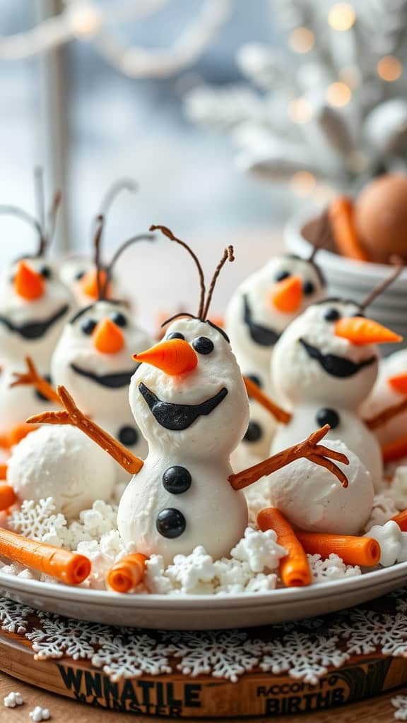 A plate of Olaf's snowy cheese balls decorated with pretzel arms and carrot noses