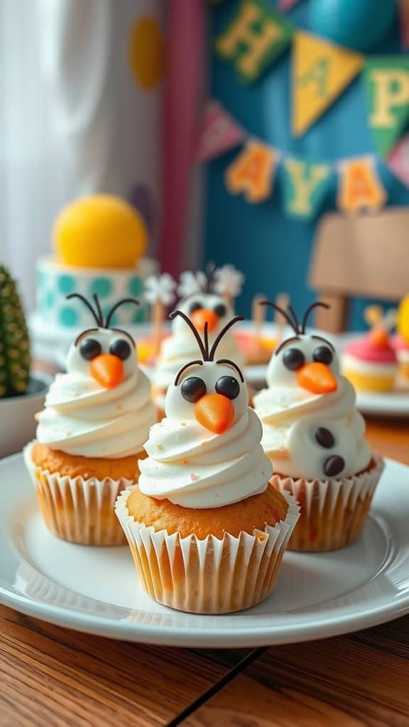 Olaf themed cupcakes decorated with frosting, candy eyes, and orange noses.