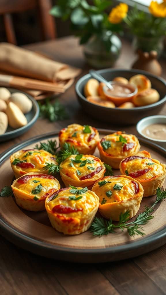 A plate of colorful omelette muffins garnished with herbs, surrounded by additional brunch dishes.