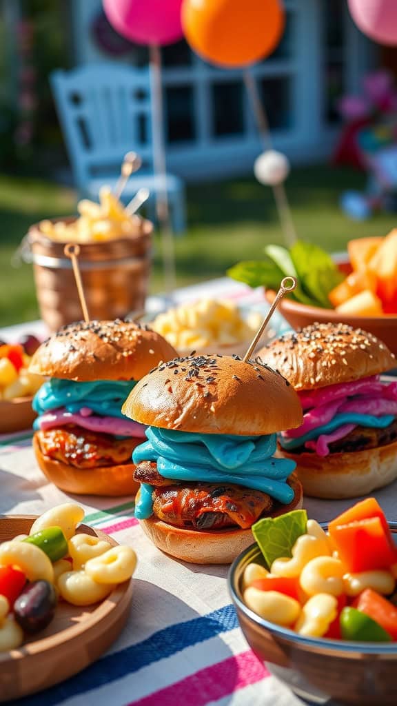 BBQ sliders with colorful frosting and vibrant vegetable sides at a gender reveal party.