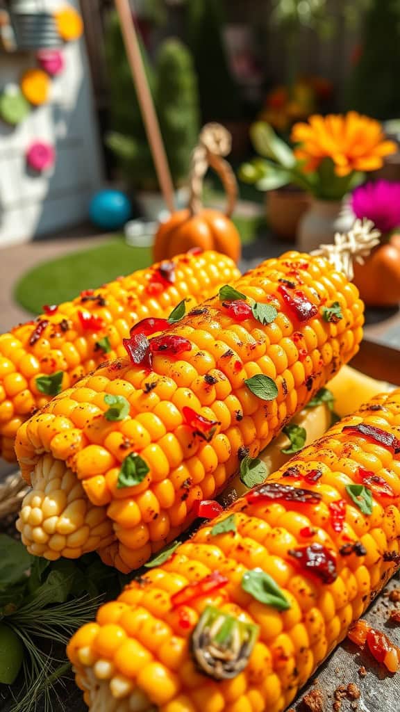 Sweet and spicy grilled corn on the cob, garnished with herbs and spices.