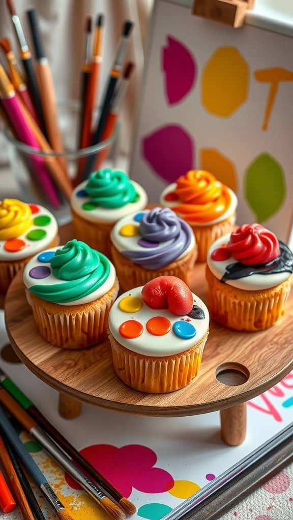 Colorful cupcakes decorated like a painter's palette