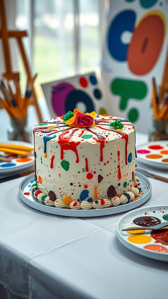 A colorful paint splatter cake ideal for art-themed parties