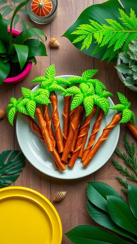 A plate of pretzel rods decorated with green candy leaves, resembling palm trees.