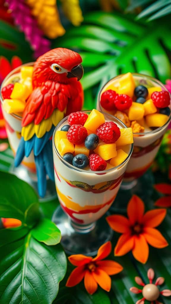 Colorful layered yogurt and fruit cups resembling parrot colors for a jungle-themed party.