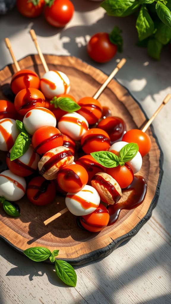 Caprese skewers with cherry tomatoes, mozzarella, and basil drizzled with balsamic glaze on a wooden platter.