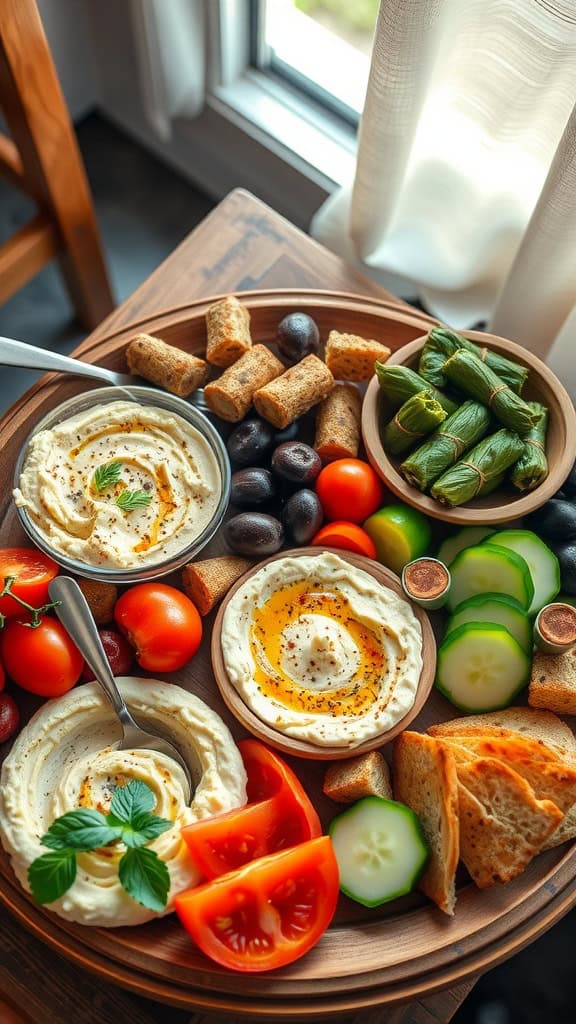 A Mediterranean mezze platter featuring hummus, tzatziki, olives, stuffed grape leaves, vegetables, and pita chips.