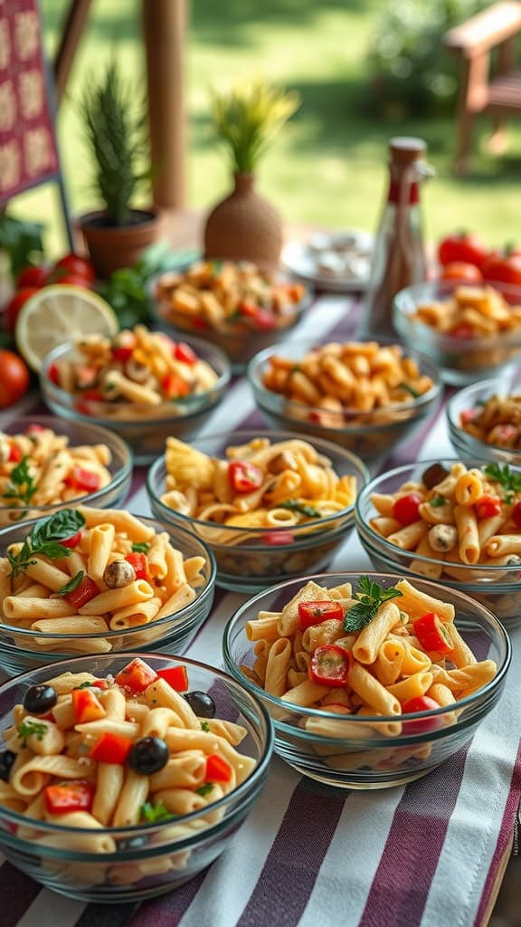 A vibrant pasta salad with colorful vegetables in clear bowls, ready for serving at an outdoor party.