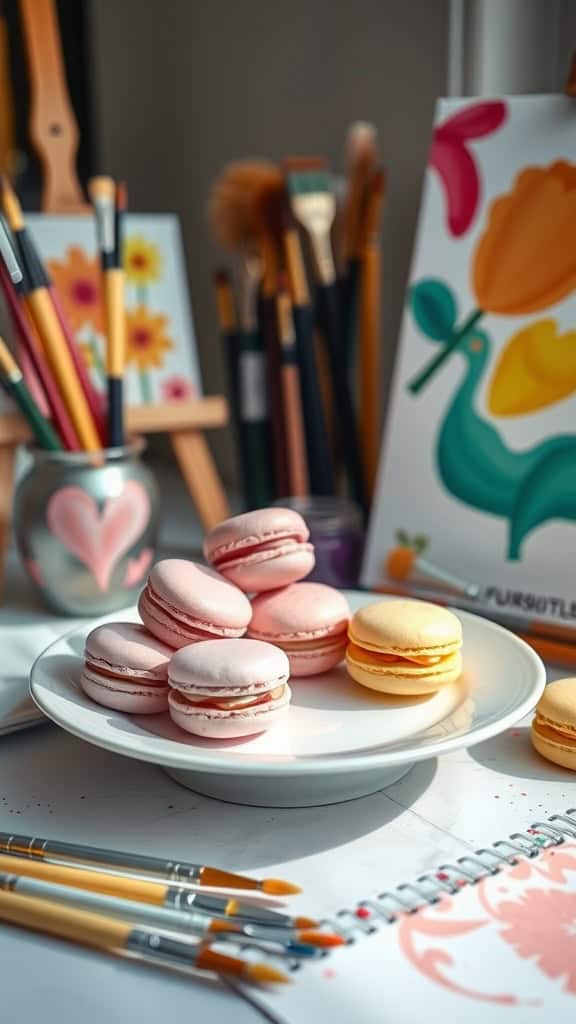 Pastel macarons on a plate, perfect for a sip and paint party.