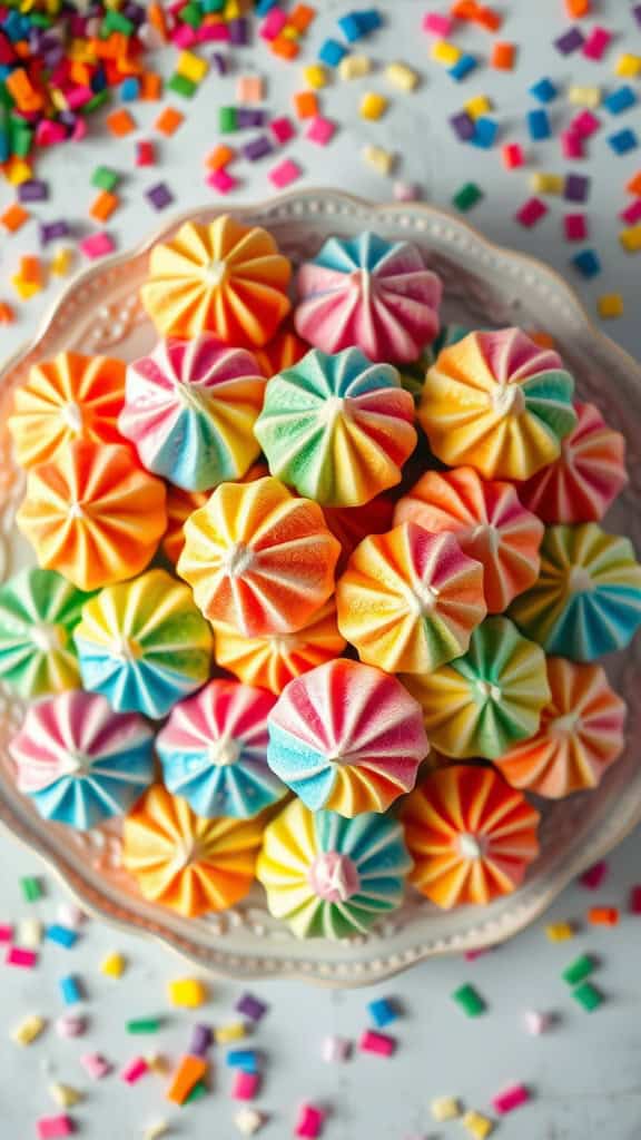 Colorful pastel meringue kisses arranged on a plate