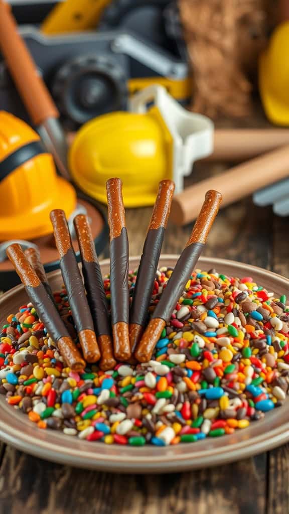 A plate of chocolate-dipped pretzel rods with colorful sprinkles, resembling pavement gravel, perfect for a construction-themed party.