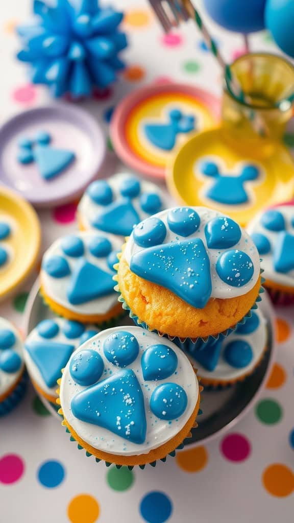 Colorful paw-print cupcakes with blue frosting and decorations