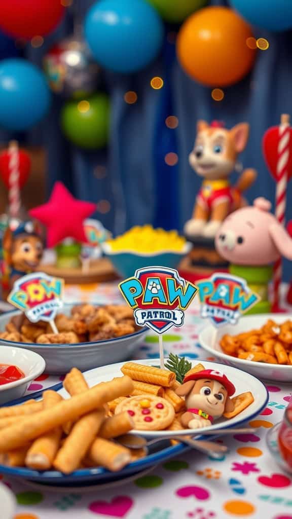 Paw Patrol themed food display with colorful snacks and decorations