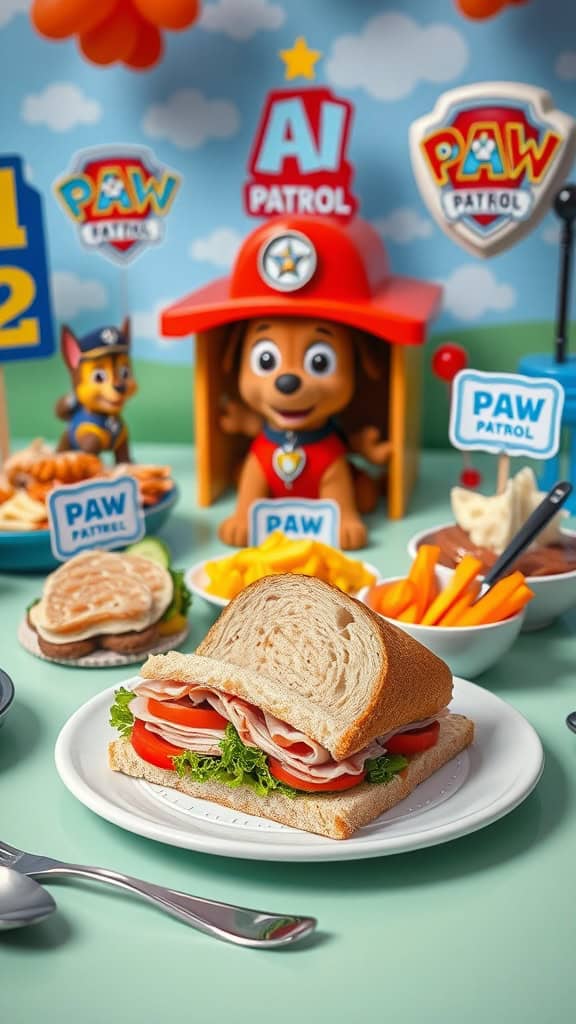 Paw Patrol-themed sandwich station with sandwiches and creative labels.