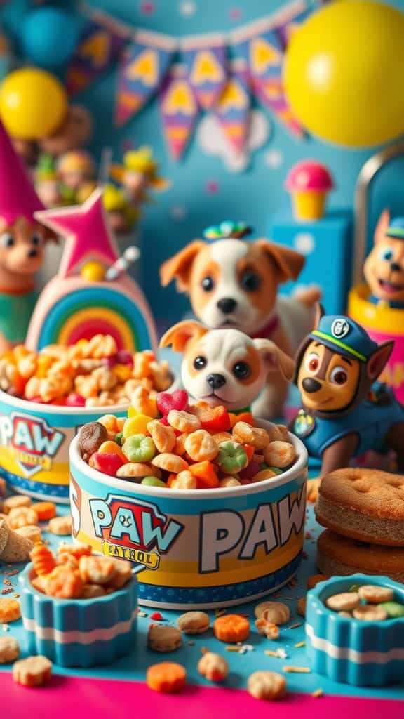 Colorful snack-filled dog bowls for kids inspired by Paw Patrol.