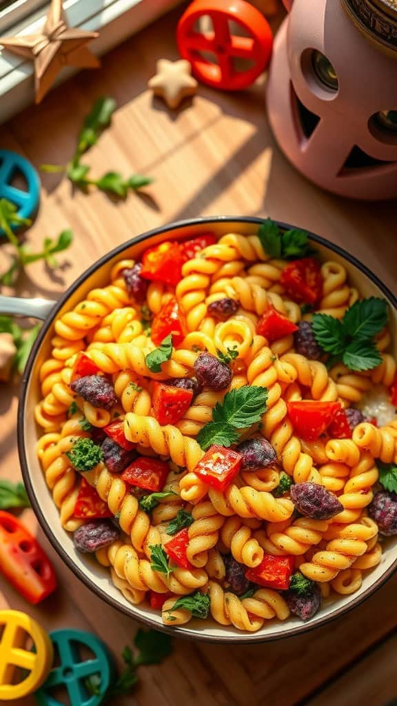 A vibrant bowl of Peace & Love Pasta Salad featuring spiral noodles, colorful vegetables, and fresh herbs.