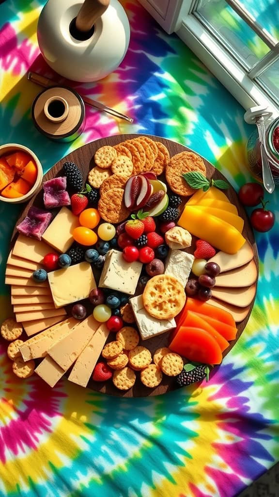 Peace sign cheese platter with assorted cheeses, crackers, and fresh fruits.