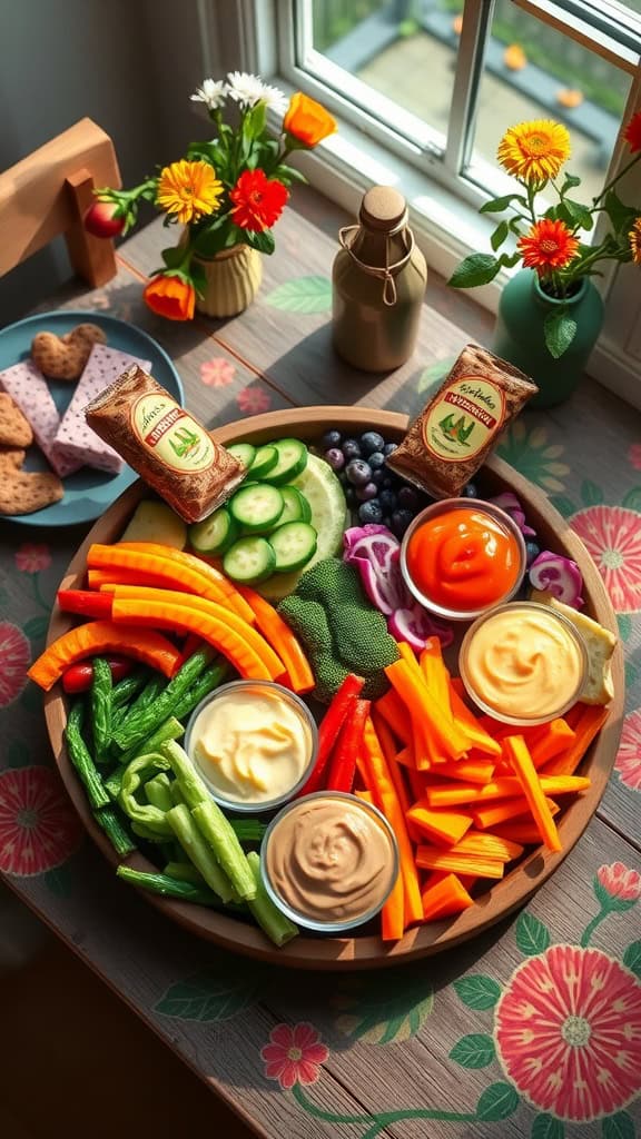 A colorful vegetable tray shaped like a peace sign with various dips.