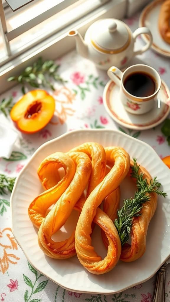 Peach and thyme puff pastry twists on a plate