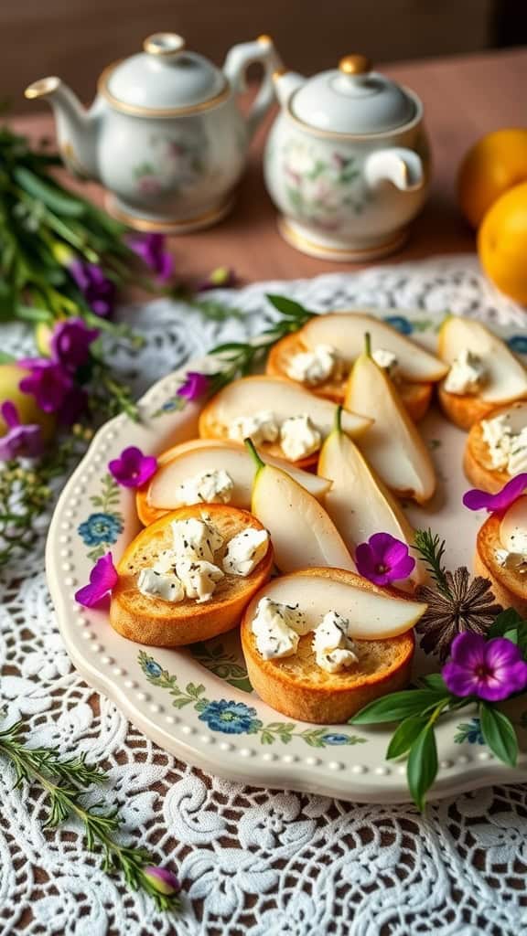 Delicious pear and Gorgonzola crostini on a decorative plate, perfect for tea parties.