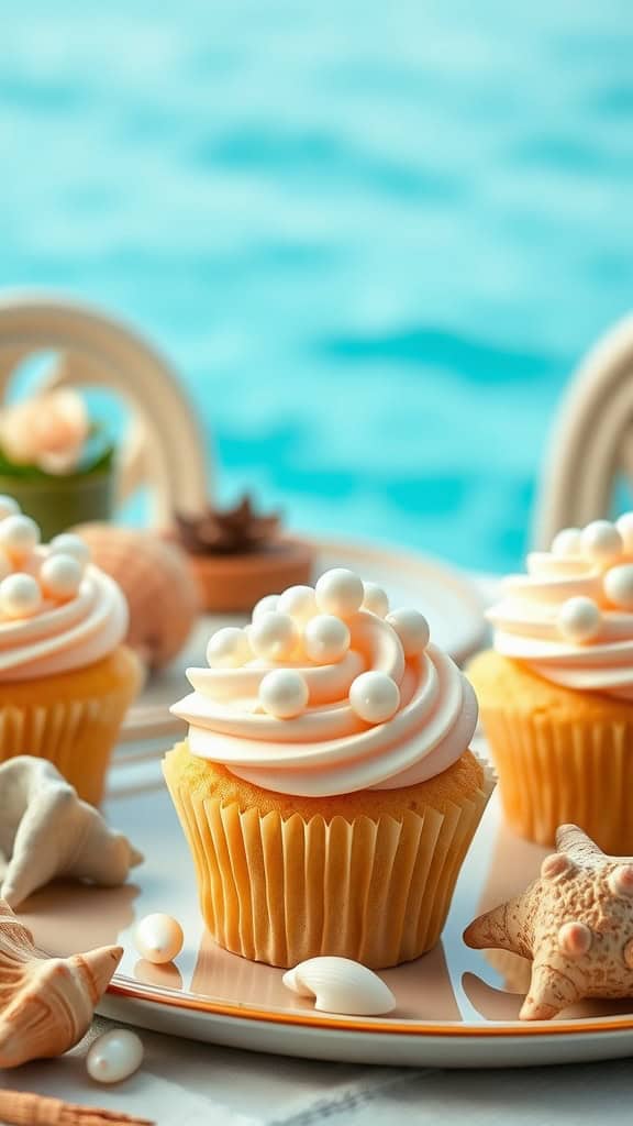 Beautiful pearl cupcakes decorated with edible pearls, perfect for an ocean-themed party.