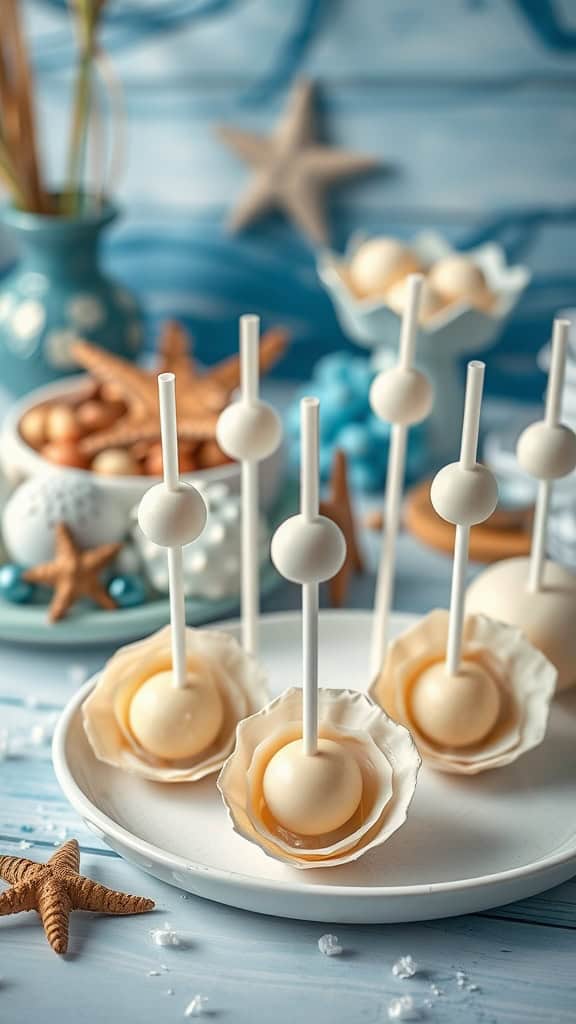 Pearl oyster cake pops decorated in oyster shell candy cups, ideal for an under the sea birthday party.