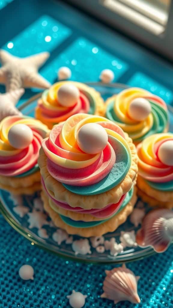 Colorful Pearl Oyster Cookies made of vanilla wafers with frosting and candy pearls