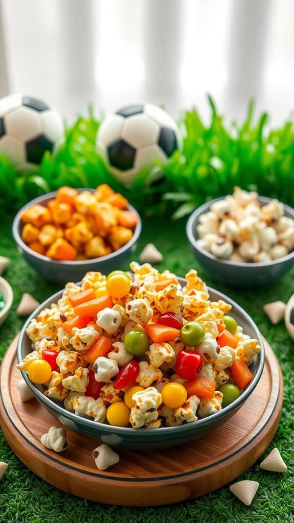 A colorful bowl of popcorn mixed with candies and pretzels, perfect for a soccer party.