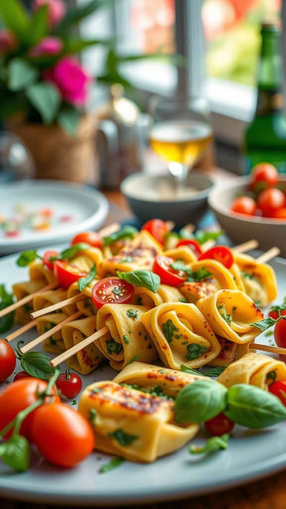 Pesto tortellini skewers served on a platter with cherry tomatoes and basil