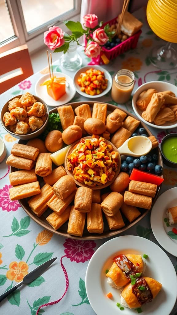 A variety of Filipino finger foods arranged beautifully on a table.