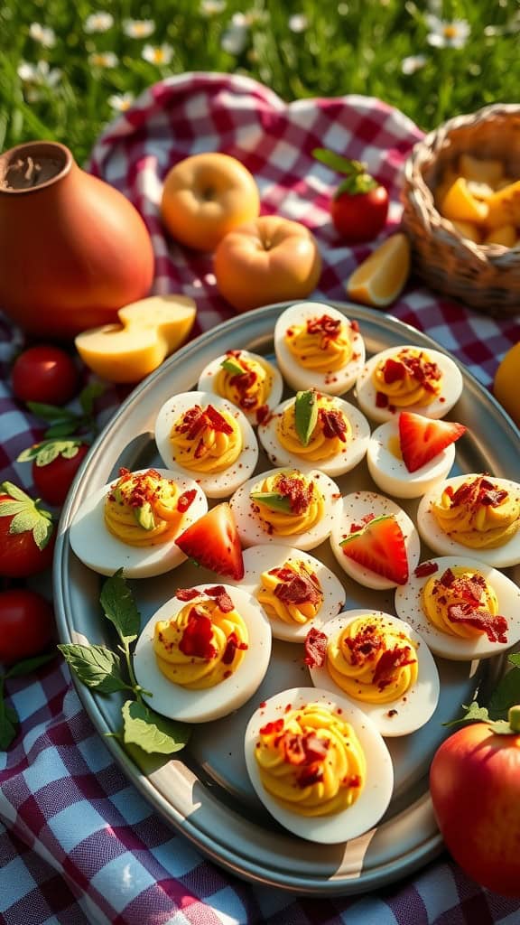 A platter of beautifully decorated deviled eggs topped with bacon and garnished with chives.