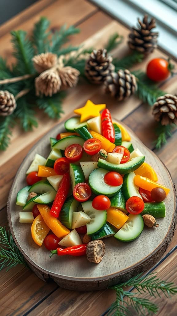 A colorful veggie platter arranged like a pine tree, featuring cucumbers, bell peppers, cherry tomatoes, and zucchini.