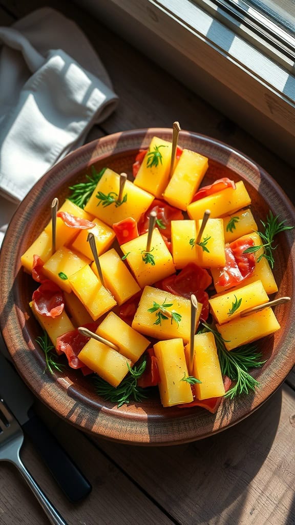 Pineapple and prosciutto bites arranged on a serving platter.