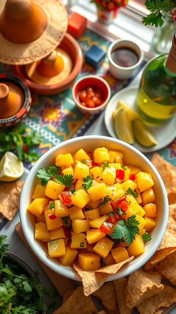 A bowl of pineapple mango salsa with chips, garnished with fresh cilantro and lime wedges.