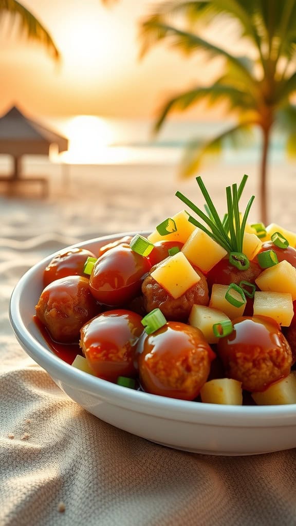 A bowl of pineapple teriyaki meatballs garnished with green onions and pineapple chunks.