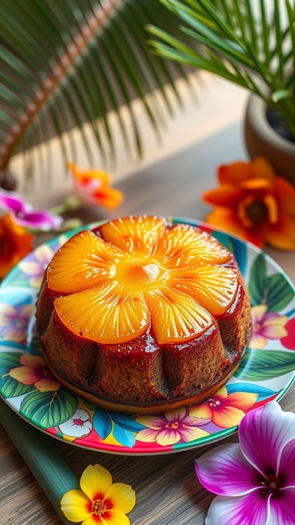 Pineapple Upside-Down Cake on a flower-patterned plate