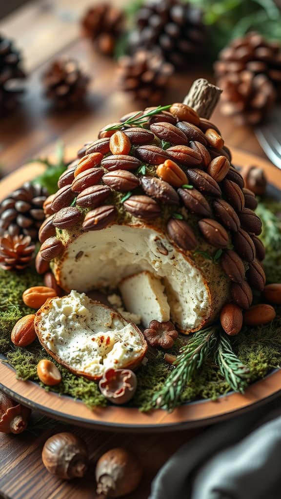 A delightful Pinecone Cheeseball, designed to resemble a pinecone, surrounded by nuts and herbs.