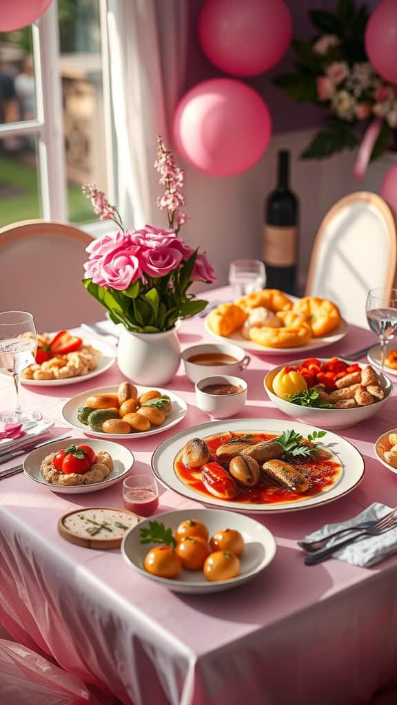 A beautifully arranged pink-themed party table with various dishes.