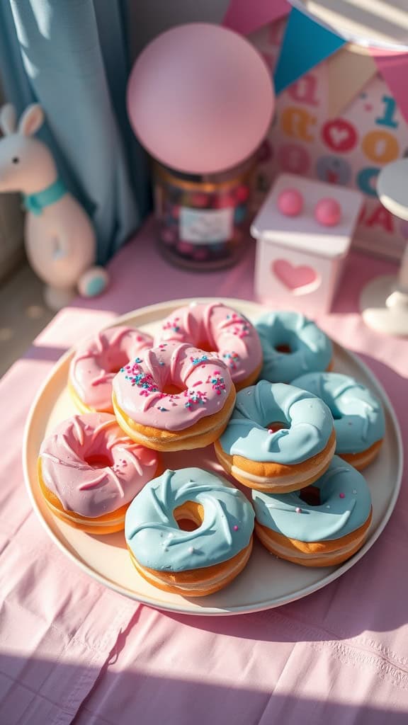 Plate of pink and blue donuts decorated with sprinkles, perfect for a gender reveal party.