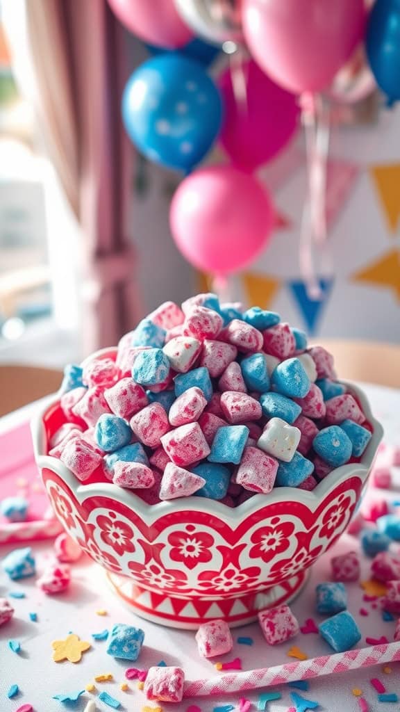 Colorful bowl of pink and blue muddy buddies, perfect for a gender reveal party.