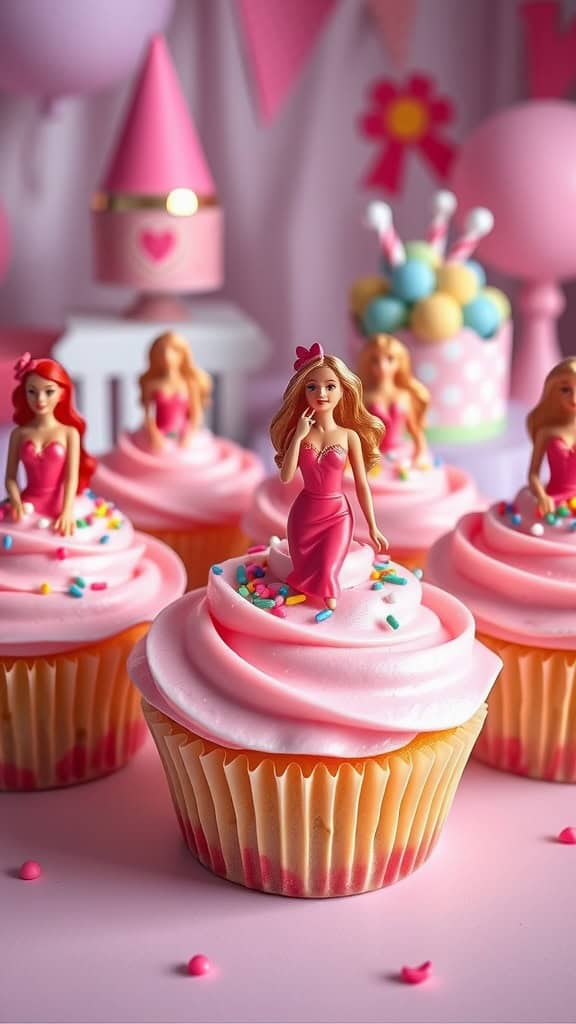 Pink Barbie party cupcakes with strawberry buttercream frosting