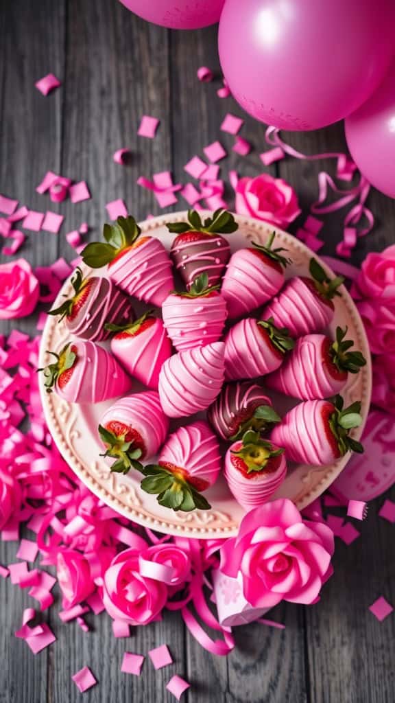 Pink chocolate-covered strawberries arranged on a decorative plate, surrounded by pink decorations.