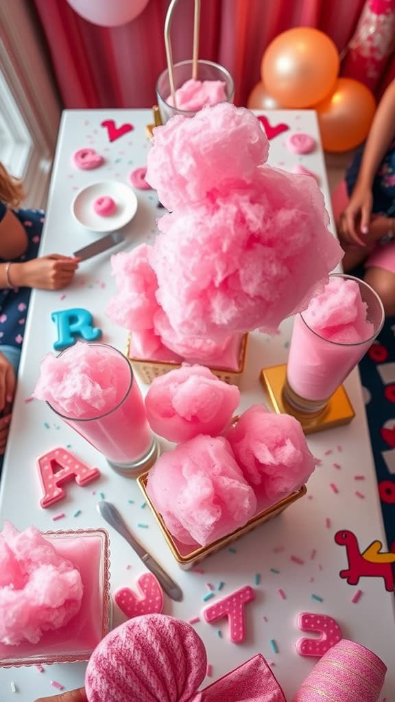 Pink cotton candy shots served in clear glasses