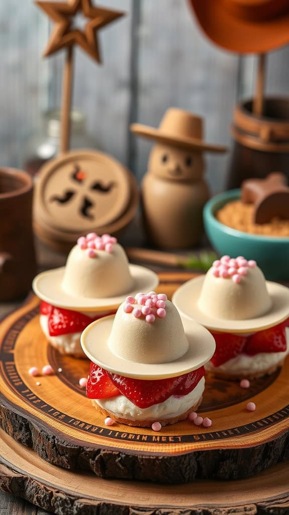 Strawberry Cowgirl Cheesecake Bites decorated with mini hats