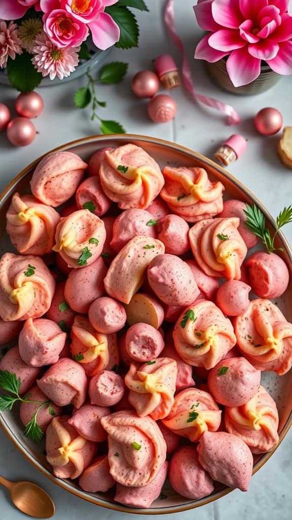 Pink deviled potatoes served on a platter, garnished with fresh herbs.