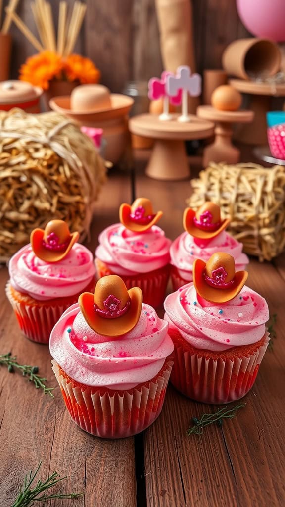 Sparkling Cowgirl Cupcakes with pink frosting and cowboy hat toppers